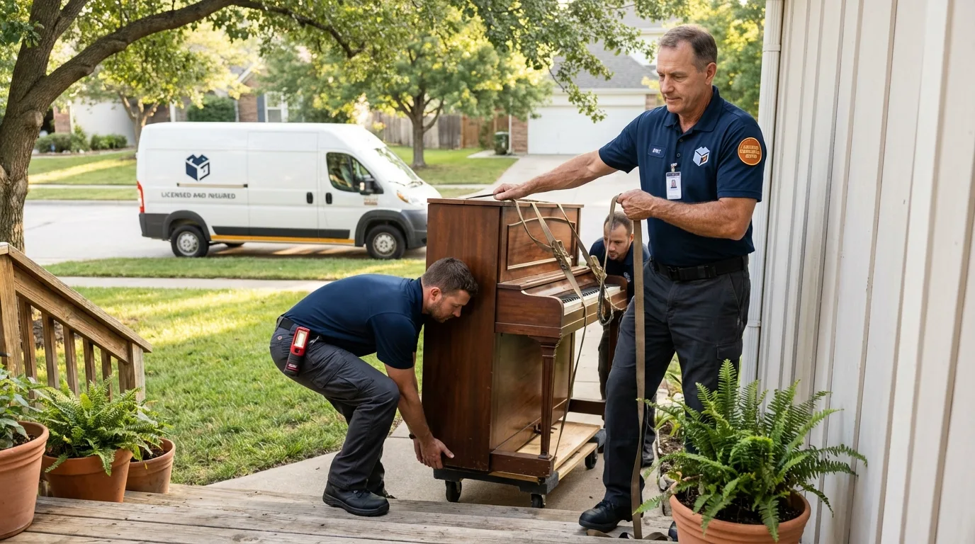 Licensed piano movers securing grand piano in Springfield, SD