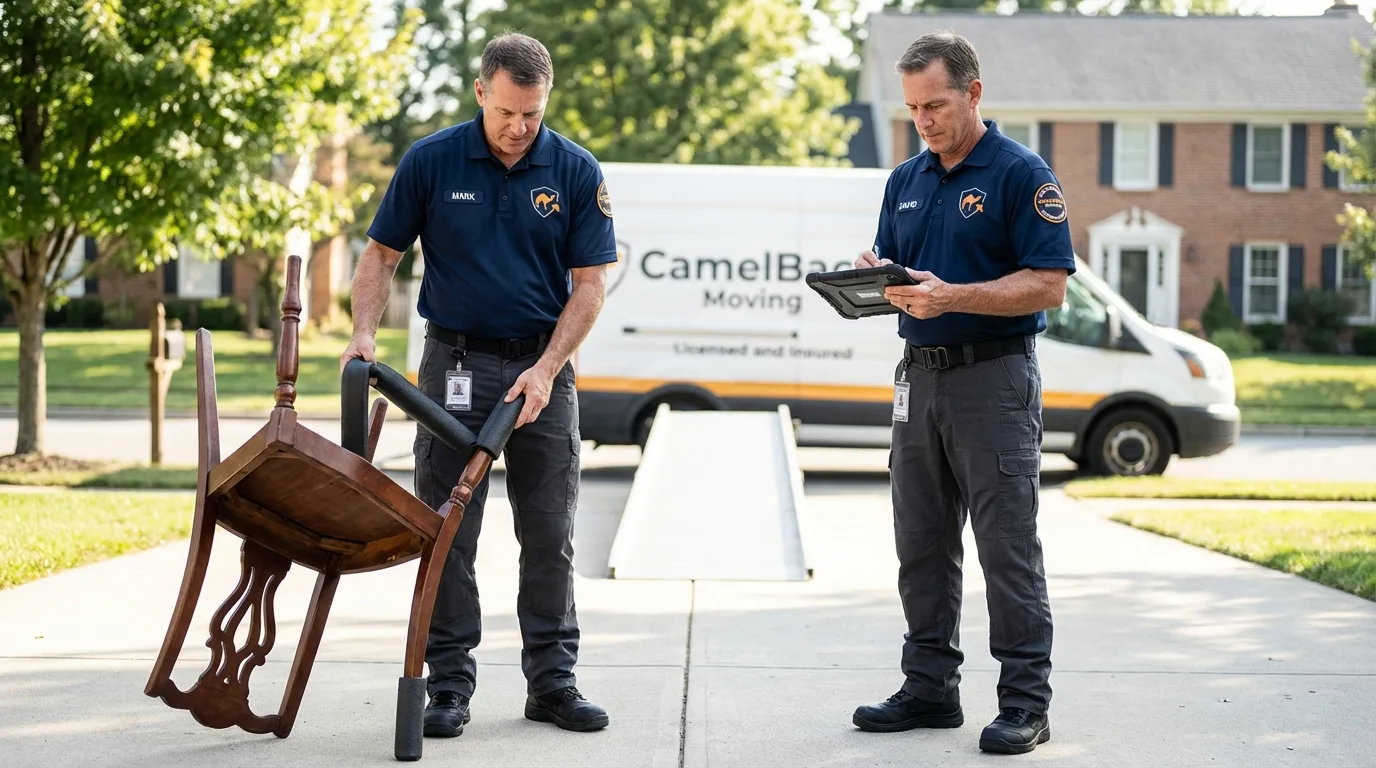 Movers inspecting furniture for damage prevention before loading in Springfield, SD